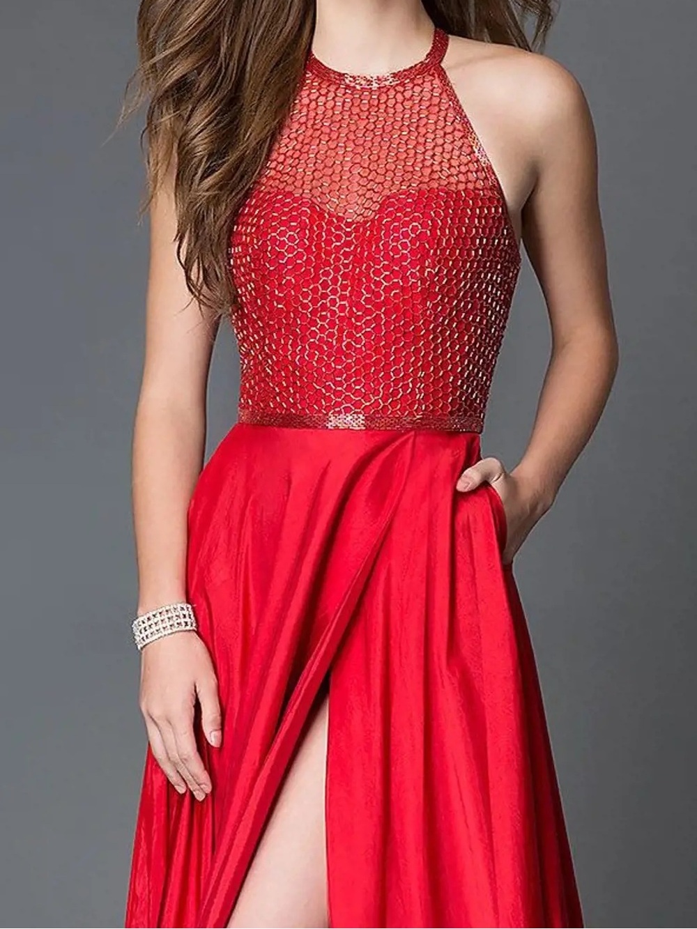 Sherri Hill Size 6 Red Halter Beaded Slit Skirt Maxi Gown w Pockets Prom Pageant